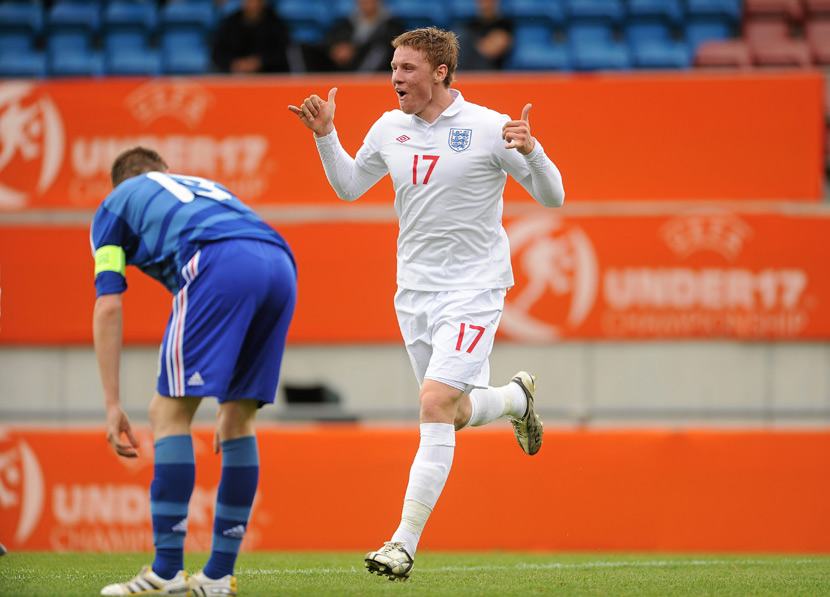 Connor Wickham celebrates one of his two goals against France in the semi-final of the UEFA European U17 Championship (image courtesy of Sportsfile).